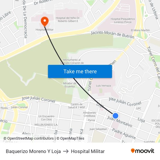 Baquerizo Moreno Y Loja to Hospital Militar map