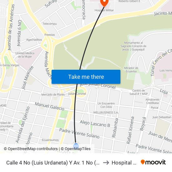 Calle 4 No (Luis Urdaneta) Y Av. 1 No (Pedro Moncayo) to Hospital Militar map
