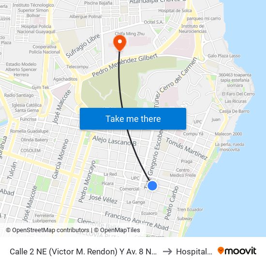 Calle 2 NE (Victor M. Rendon)  Y Av. 8 NE  (Baquerizo Moreno) to Hospital Militar map