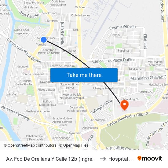 Av. Fco De Orellana  Y  Calle 12b (Ingreso Urb. Garzas) to Hospital Militar map