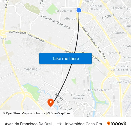Avenida Francisco De Orellana to Universidad Casa Grande map