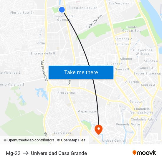 Mg-22 to Universidad Casa Grande map
