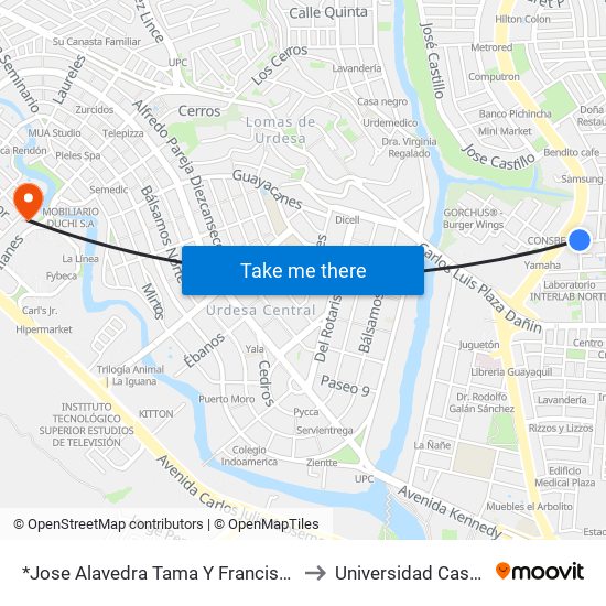 *Jose Alavedra Tama Y Francisco De Orellana to Universidad Casa Grande map