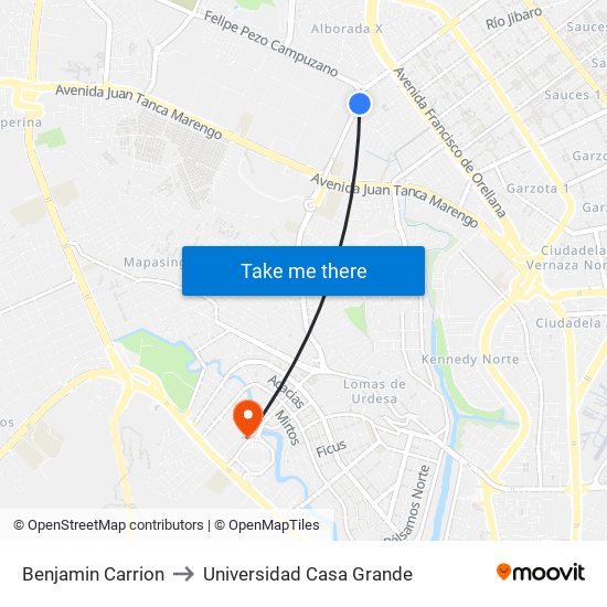 Benjamin Carrion to Universidad Casa Grande map