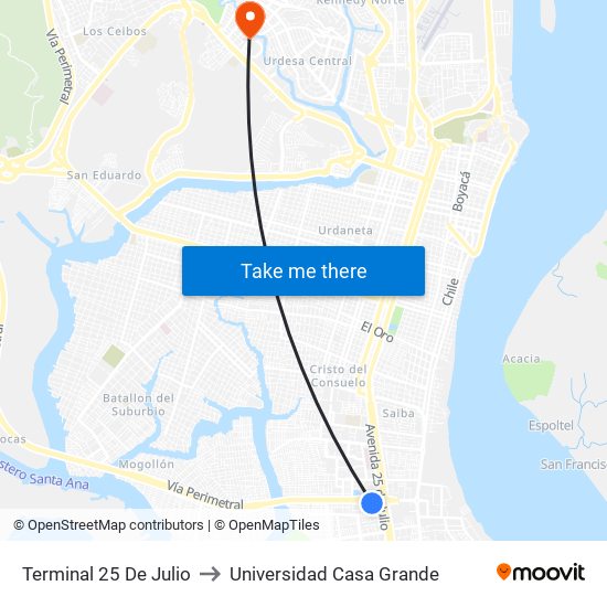 Terminal 25 De Julio to Universidad Casa Grande map