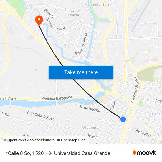 *Calle 8 So, 1520 to Universidad Casa Grande map