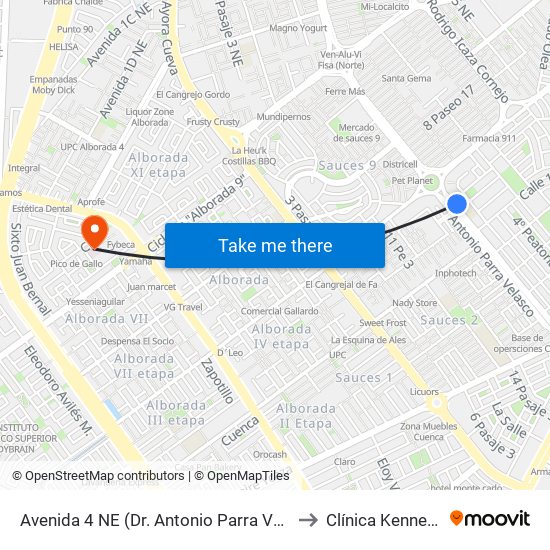 Avenida 4 NE (Dr. Antonio Parra Velasco) Y 4to Callejon 16a to Clínica Kennedy Alborada map