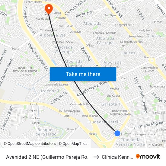 Avenidad 2 NE (Guillermo Pareja Rolando) Y 9no Pasaje 1 NE (N172) to Clínica Kennedy Alborada map