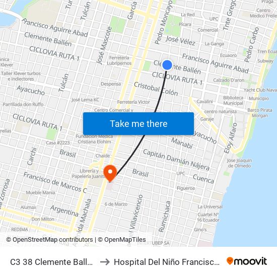 C3 38 Clemente Ballen Y Seis De Marzo to Hospital Del Niño Francisco De Ycaza Bustamante map