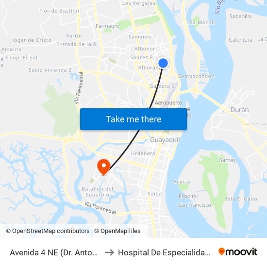 Avenida 4 NE (Dr. Antonio Parra Velasco) Y 4to Callejon 16a to Hospital De Especialidades Guayaquil ""Dr. Abel Gilbert Pontón"" map