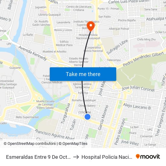 Esmeraldas Entre 9 De Octubre Y 1 De Mayo to Hospital Policía Nacional Guayaquil map