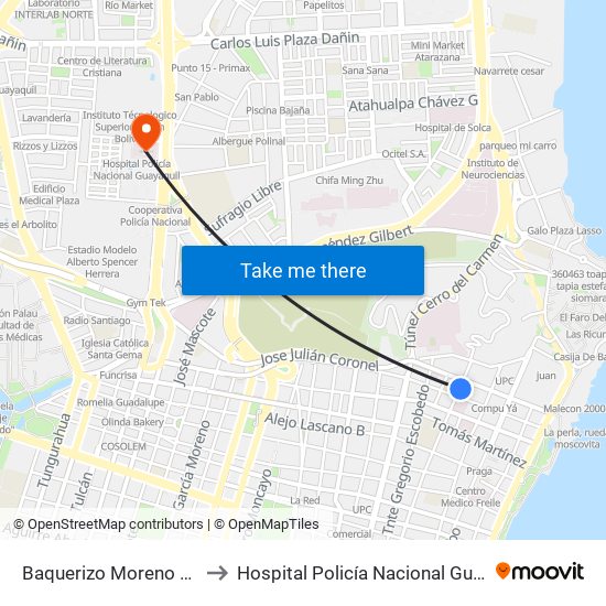 Baquerizo Moreno Y Loja to Hospital Policía Nacional Guayaquil map