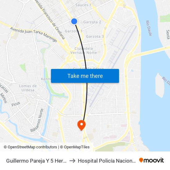 Guillermo Pareja Y  5 Herradura 2 N-E to Hospital Policía Nacional Guayaquil map