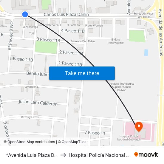 *Avenida Luis Plaza Dañin, 13 to Hospital Policía Nacional Guayaquil map
