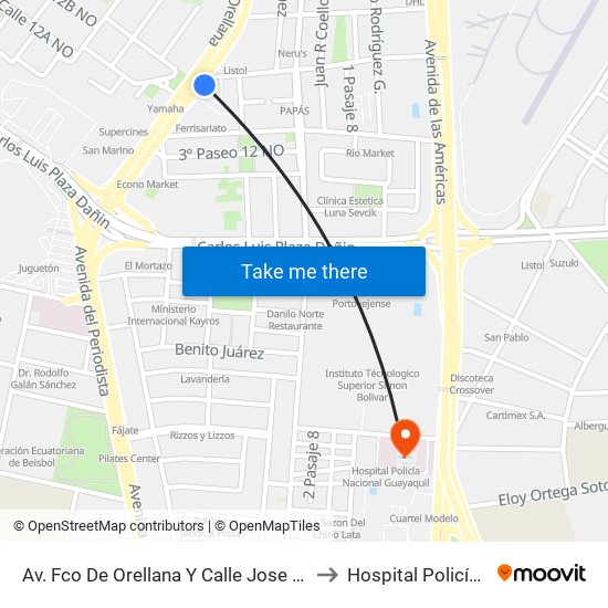Av. Fco De Orellana   Y Calle Jose Alavedra (Calle 12b -No)  (Mac Donalds) to Hospital Policía Nacional Guayaquil map