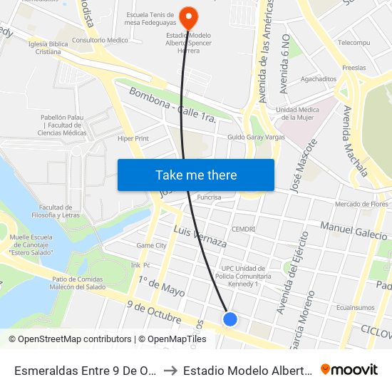 Esmeraldas Entre 9 De Octubre Y 1 De Mayo to Estadio Modelo Alberto Spencer Herrera map