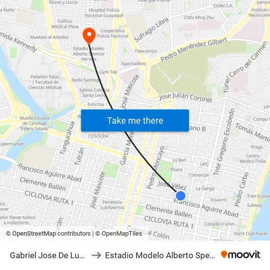 Gabriel Jose De Luque, 805y to Estadio Modelo Alberto Spencer Herrera map