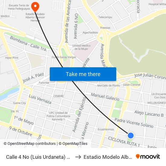 Calle 4 No (Luis Urdaneta) Y Av. 1 No (Pedro Moncayo) to Estadio Modelo Alberto Spencer Herrera map
