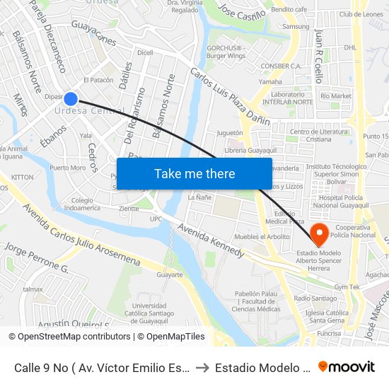 Calle 9 No ( Av. Víctor Emilio Estrada Y Av. Las Monjas (Bco. Del Pacifico) to Estadio Modelo Alberto Spencer Herrera map