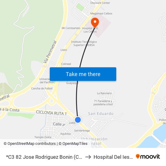 *C3 82 Jose Rodriguez Bonin (Consulado General Eeuu) to Hospital Del Iess Los Ceibos map