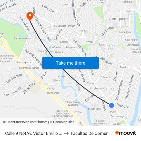 Calle 9 No(Av. Victor Emilio Estrada) Y Av. 26 No (Todos Los Santos) (Iglesia La Redonda) to Facultad De Comunicación Social (Facso) Universidad De Guayaquil map