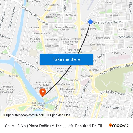 Calle 12 No (Plaza Dañin) Y 1er Pasaje 1 NE (Angel Flores) to Facultad De Filosofia Y Letras map
