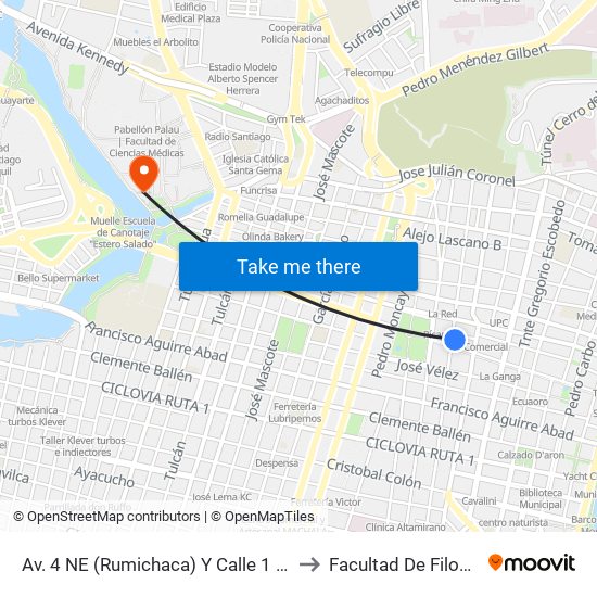 Av. 4 NE (Rumichaca)  Y Calle 1 NE  (Jose A. Campos) to Facultad De Filosofia Y Letras map