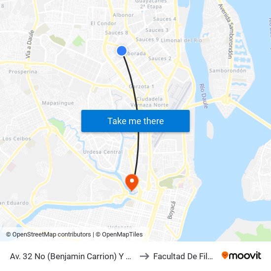Av. 32 No (Benjamin Carrion) Y Av. 2 NE (Baquerizo Nazur) to Facultad De Filosofia Y Letras map