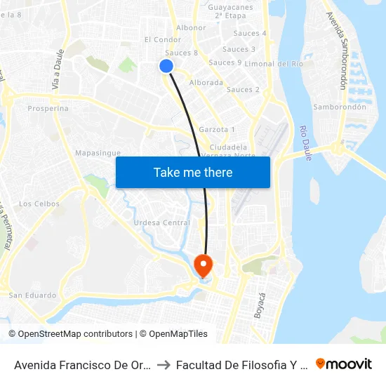 Avenida Francisco De Orellana to Facultad De Filosofia Y Letras map