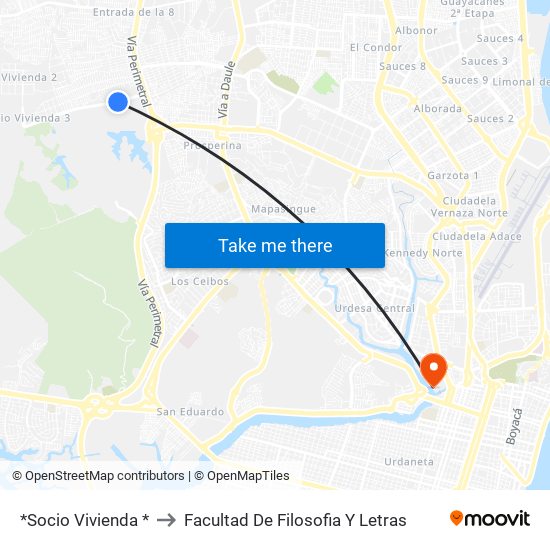 *Socio Vivienda * to Facultad De Filosofia Y Letras map