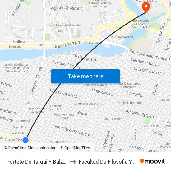 Portete De Tarqui Y Balzar (50) to Facultad De Filosofia Y Letras map
