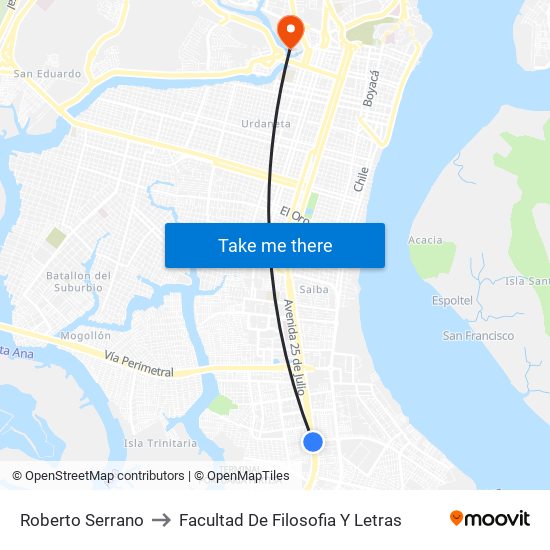 Roberto Serrano to Facultad De Filosofia Y Letras map