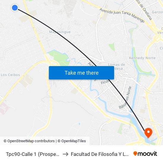 Tpc90-Calle 1 (Prosperina) to Facultad De Filosofia Y Letras map