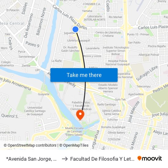 *Avenida San Jorge, 516 to Facultad De Filosofia Y Letras map