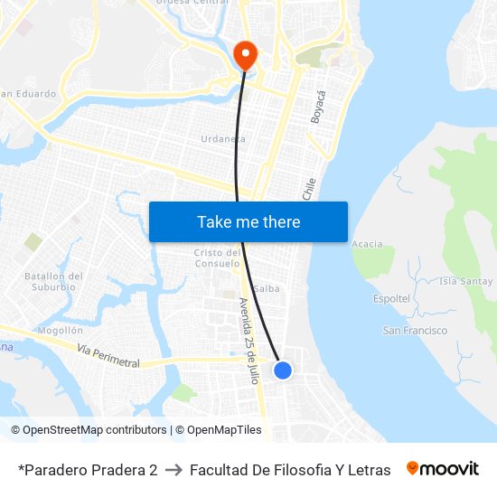 *Paradero Pradera 2 to Facultad De Filosofia Y Letras map