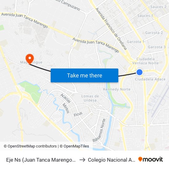 Eje Ns (Juan Tanca Marengo) Y 1er Callejon 13 NE (Calle Primera) to Colegio Nacional Augusto Mendoza Moreira map