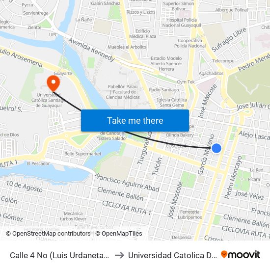 Calle 4 No (Luis Urdaneta) Y  Avenida 2 No (Antepara) to Universidad Catolica De Santiago De Guayaquil map