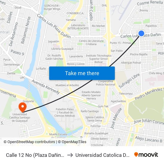 Calle 12 No (Plaza Dañin) Y Av. 2 NE (Luis Lopez) to Universidad Catolica De Santiago De Guayaquil map