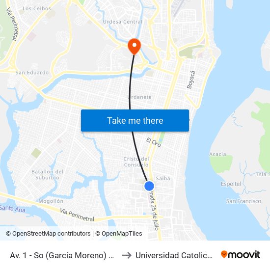 Av. 1 - So (Garcia Moreno) Y Calle 45 - So ( Jose De La Cuadra) to Universidad Catolica De Santiago De Guayaquil map