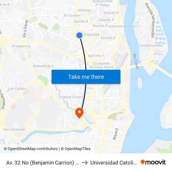 Av. 32 No (Benjamin Carrion) Y 1er Pasaje 1a No (Rodriguez Labandera) to Universidad Catolica De Santiago De Guayaquil map