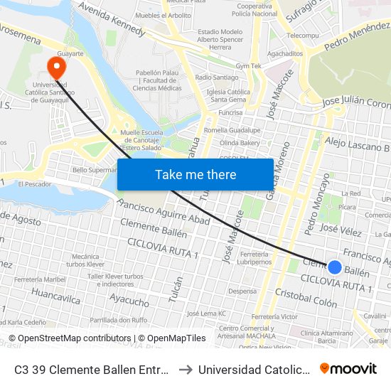 C3 39 Clemente Ballen Entre 6 De Marzo Y Lorenzo De Garaycoa to Universidad Catolica De Santiago De Guayaquil map