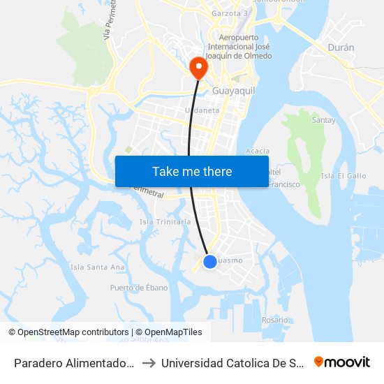 Paradero Alimentador Domingo Comin to Universidad Catolica De Santiago De Guayaquil map