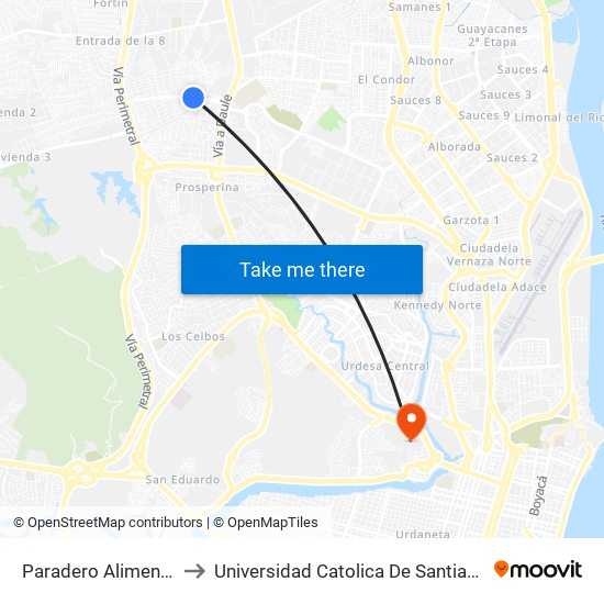 Paradero Alimentador Uvc to Universidad Catolica De Santiago De Guayaquil map