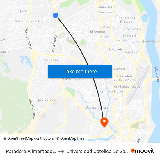 Paradero Alimentador Ruta Casuarina to Universidad Catolica De Santiago De Guayaquil map