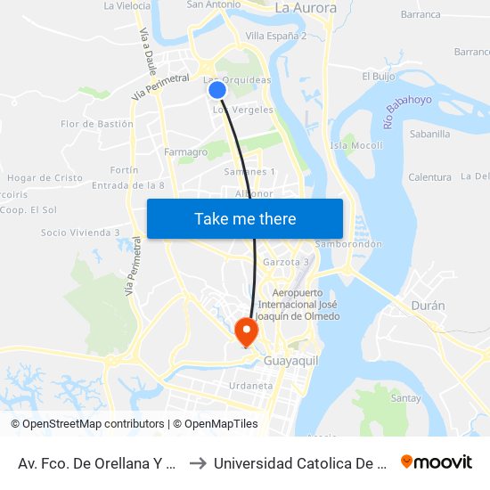 Av. Fco. De Orellana  Y  Manuel Gomez Lince to Universidad Catolica De Santiago De Guayaquil map