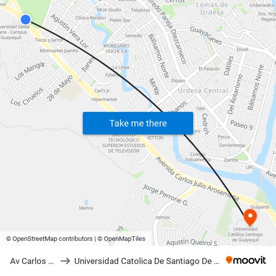 Av Carlos Julio to Universidad Catolica De Santiago De Guayaquil map