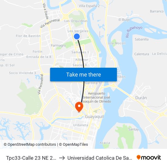 Tpc33-Calle 23 NE 2 Callejon 23 NE to Universidad Catolica De Santiago De Guayaquil map