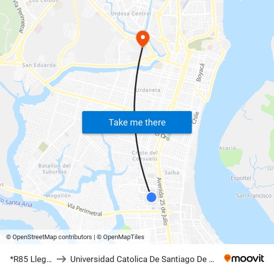 *R85 Llegada to Universidad Catolica De Santiago De Guayaquil map