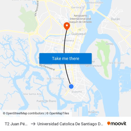 T2 Juan Péndola to Universidad Catolica De Santiago De Guayaquil map