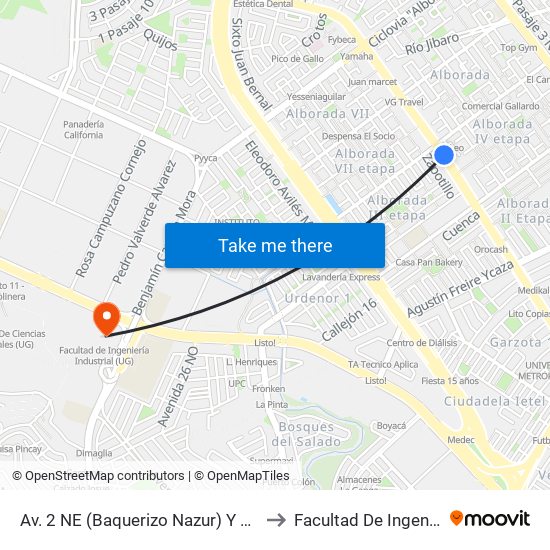 Av. 2 NE (Baquerizo Nazur)  Y Calle 17 NE  (Jose Maria Egas) to Facultad De Ingeniería Industrial (Ug) map